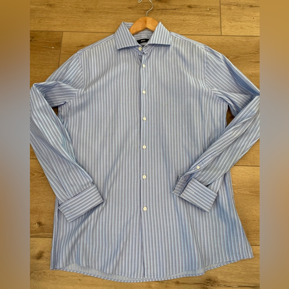 Boss Hugo Boss Sharp Fit Dress Shirt Light Blue Pinstripe Men’s Size 16.5